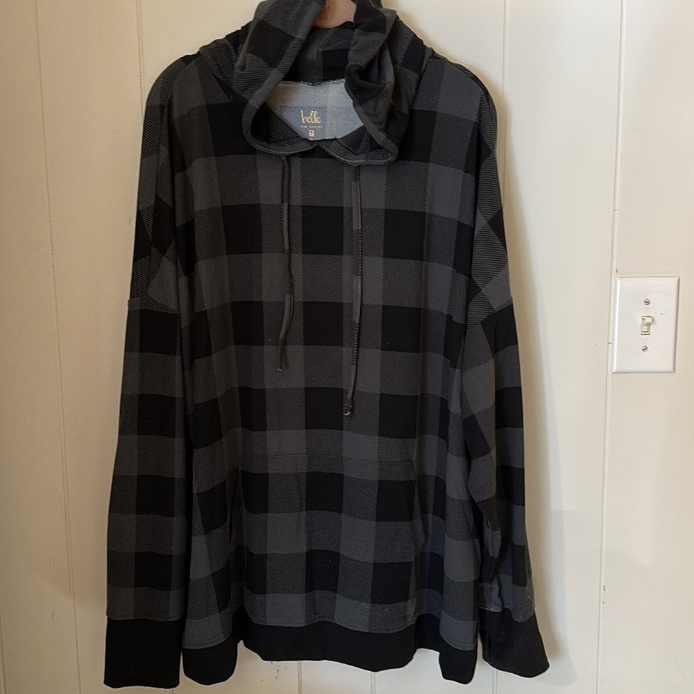 XL - hoodie- pullover - front pocket, gray / black houndstooth design